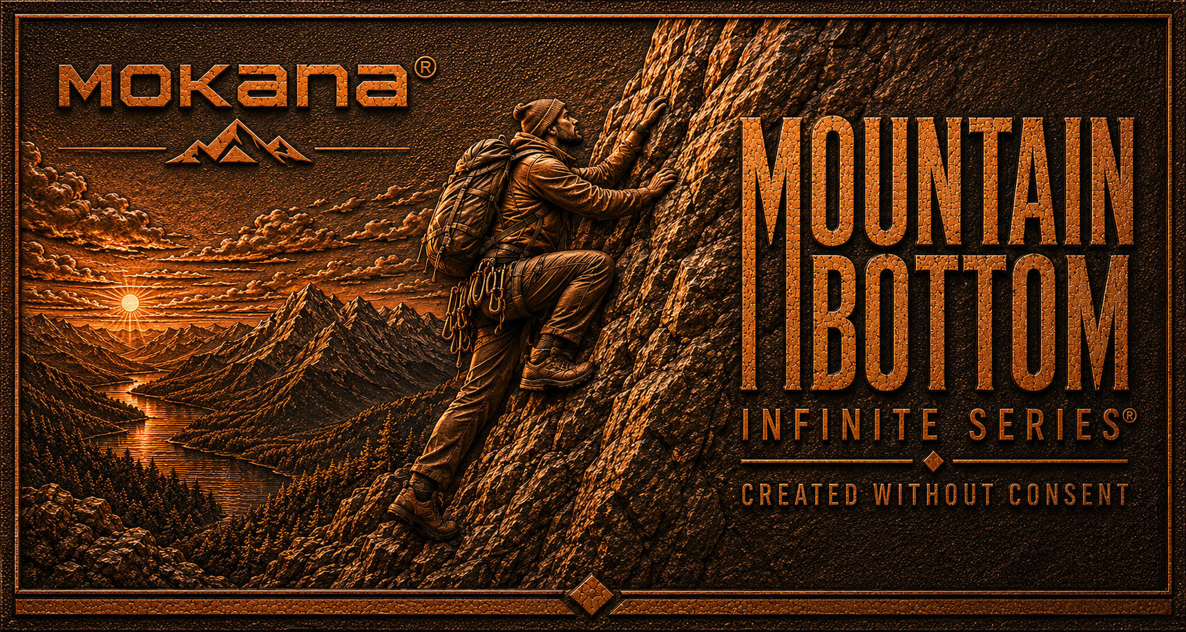 MOKANA® Presents a Mountain Bottom Production of the Infinite Series® — Created Without Consent MOKANA presents a Mountain Bottom production of the Infinite Series, Created Without Consent, featuring a climber ascending a rugged mountain above a vast valley landscape in a copper engraved artwork style.