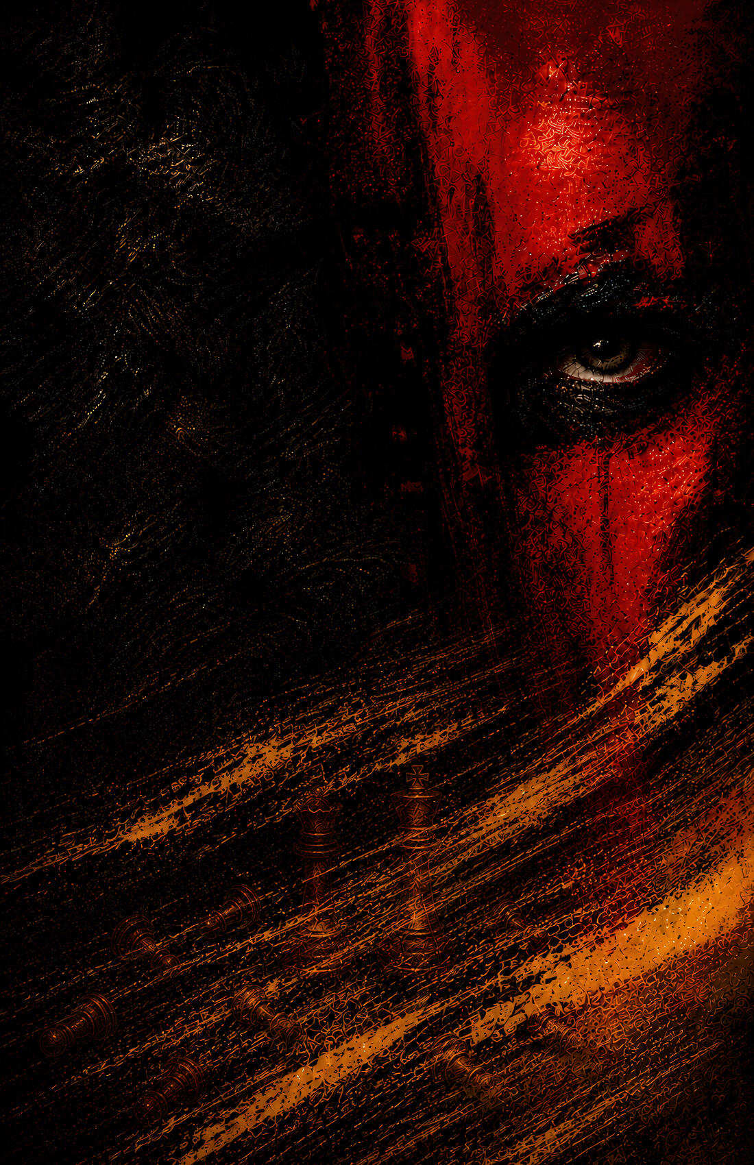 MOKANA | CREATED WITHOUT CONSENT Dark, textured digital artwork depicting half of a human face emerging from shadow, with one illuminated eye, deep red and black tones, and sweeping gold brushstrokes symbolizing hidden identity and inner conflict.