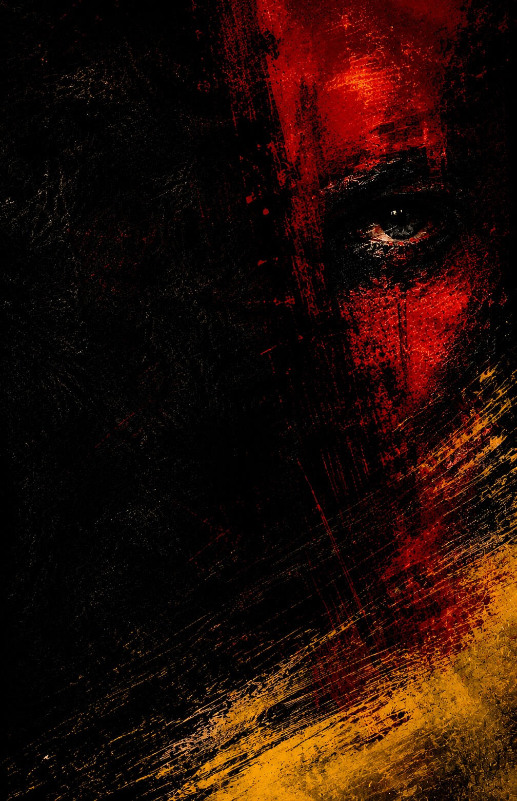 MOKANA | CREATED WITHOUT CONSENT Dark, textured digital artwork depicting half of a human face emerging from shadow, with one illuminated eye, deep red and black tones, and sweeping gold brushstrokes symbolizing hidden identity and inner conflict.